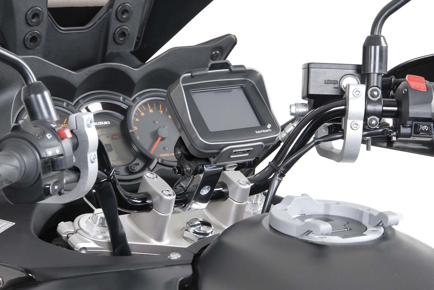 SW-Motech Navi-Halter mit Lenkerklemme | Für Lenker Ø 28 mm. Vibrationsgedämpft. Silbern.