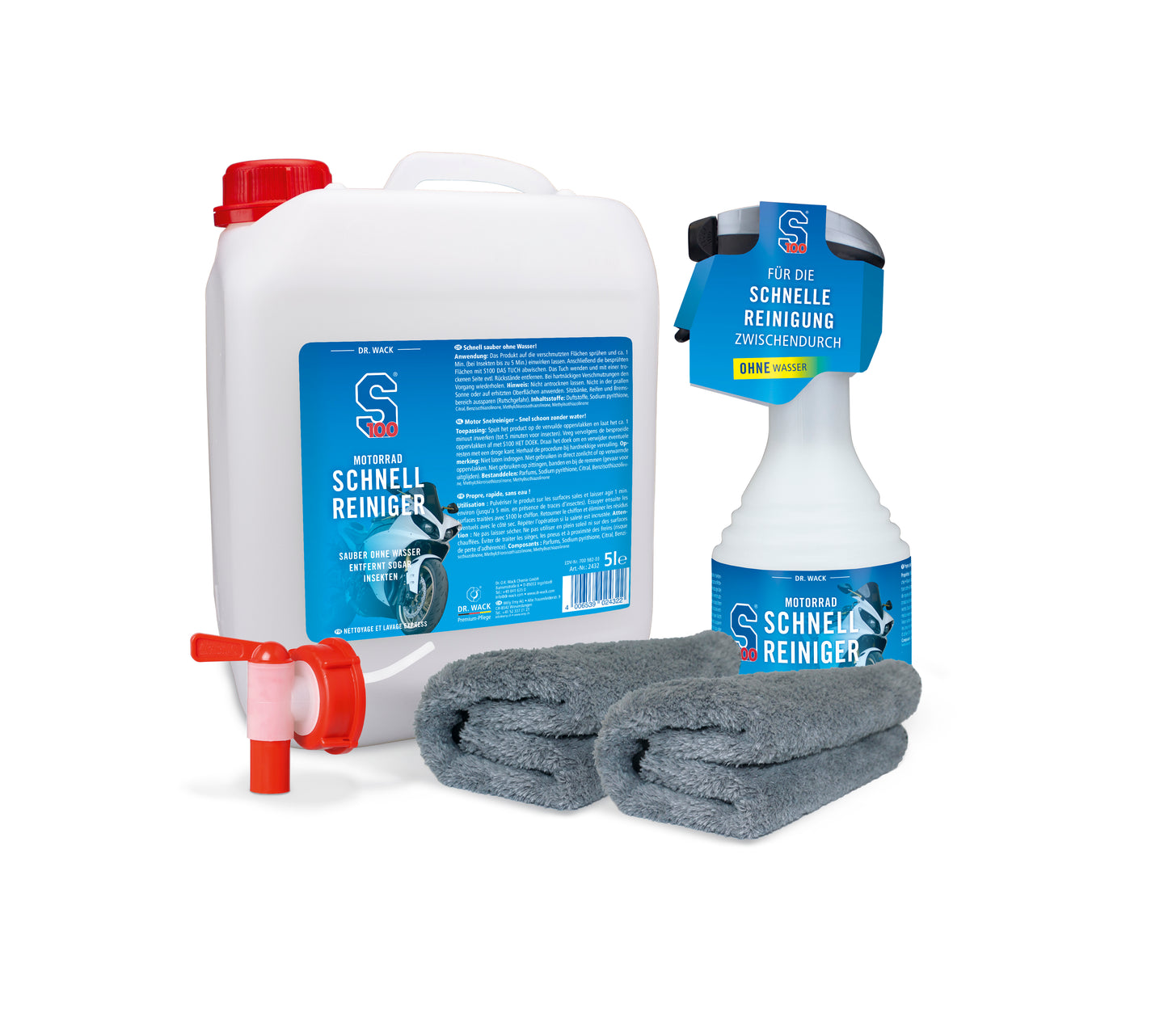 S100 Motorrad Schnellreiniger-Set | Schnellreiniger Kanister 5L, Schnellreiniger 500ml, Doppeltuch-Set, 1x Auslaufhahn für Kanister