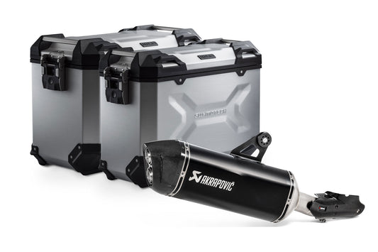 SW-Motech TRAX ADV Alukoffer-System + Akrapovic | Schwarz. 45/37 l. BMW R 1250 GS/Adv/Rallye (18-).