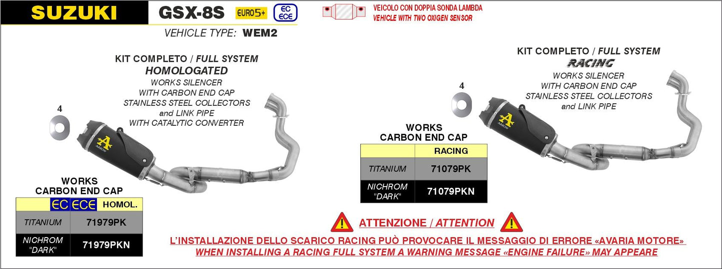 Arrow Exhaust Auspuff | WORKS DARK | Komplettanlage inkl. Krümmer & Carbon Endkappe | ABE | Schwarz-Nichrome-Edelstahl | passend für Suzuki GSX-8S (WEM2) - Modelle (2023-2026)