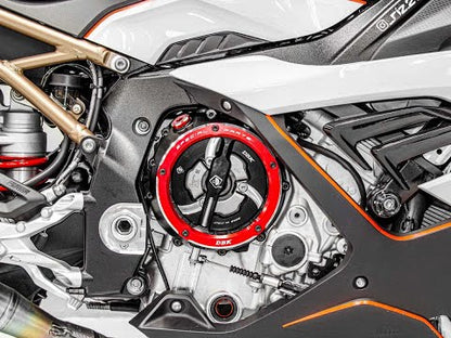 DBK Special Parts | CCDV12 - BMW | BLACK-RED | KLARER KUPPLUNGSDECKEL ÖLBAD 3D-EVO | passend für BMW S 1000 R / RR / XR & M 1000 R / RR / XR - Modelle